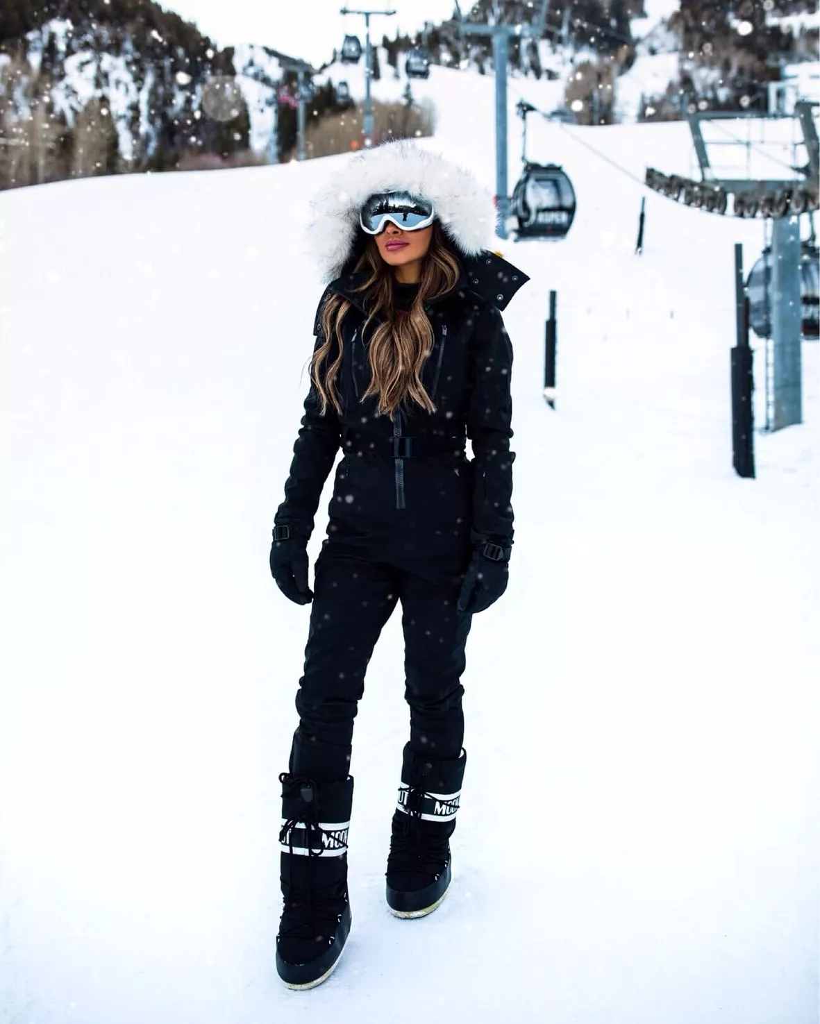 TOPSHOP Sno Ski Suit With Faux Fur Hood & Belt in Gray