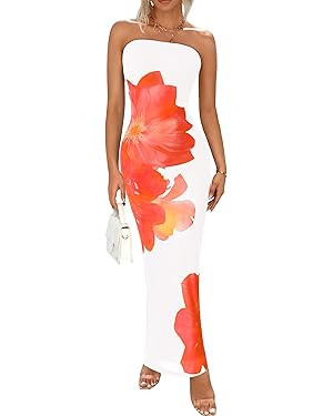 PRETTYGARDEN Women Summer Strapless Maxi Dress Bodycon Floral Sexy Long Wedding Guest Dress Forma... | Amazon (US)