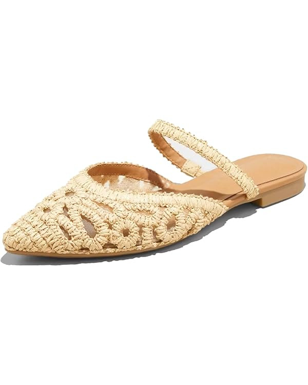 Mesh Mules for Women Comfy Raffia Woven Strap Closed Pointed Toe Mule Flats Casual Slip on Dress ... | Amazon (US)