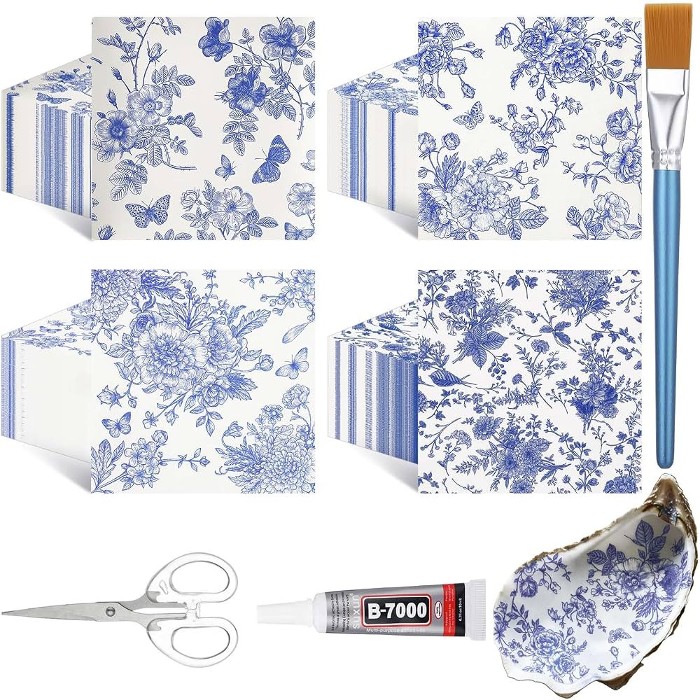 Gueevin 100 Pack 4 Styles Decoupage Napkins DIY Set Assorted Blue Floral Chinoiserie Decorative N... | Amazon (US)