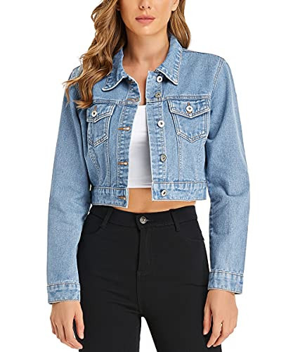 PEIQI Women’s Cropped Jean Denim Jacket Button Down Long Sleeve with Pockets Light Blue Medium | Amazon (US)