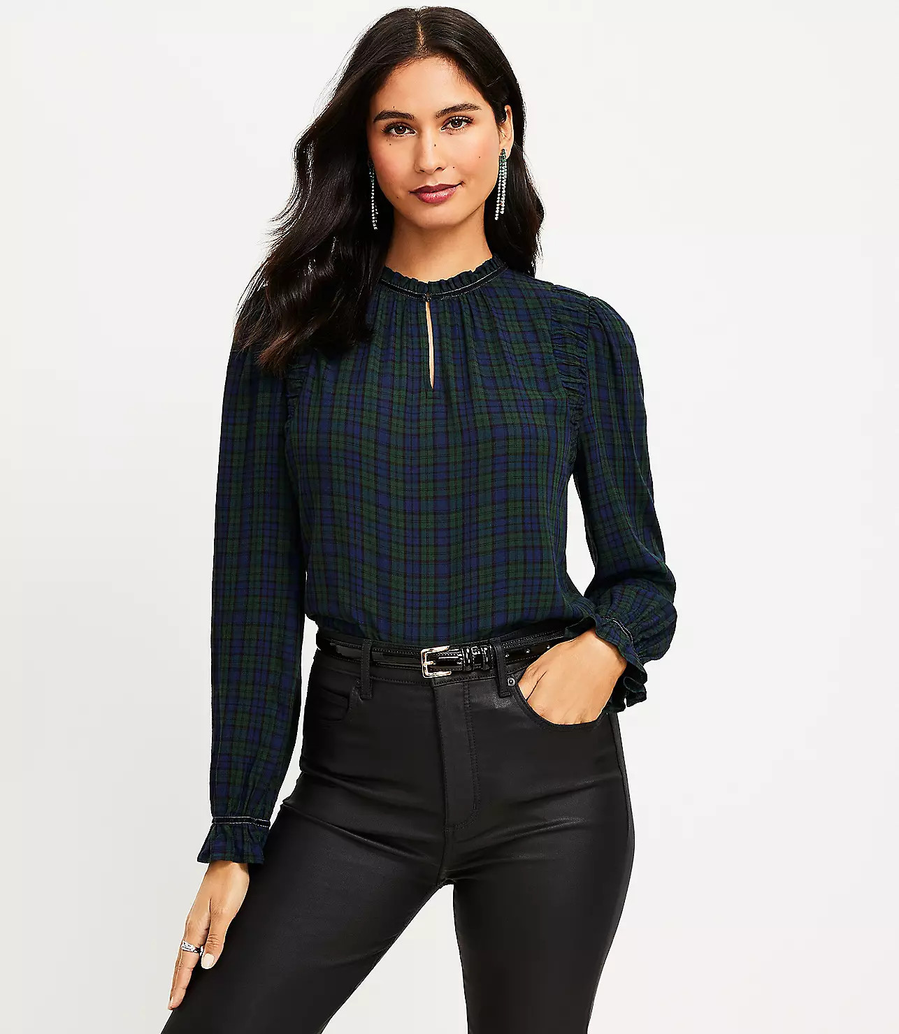 Plaid Ruched Ruffle Neck Blouse | LOFT