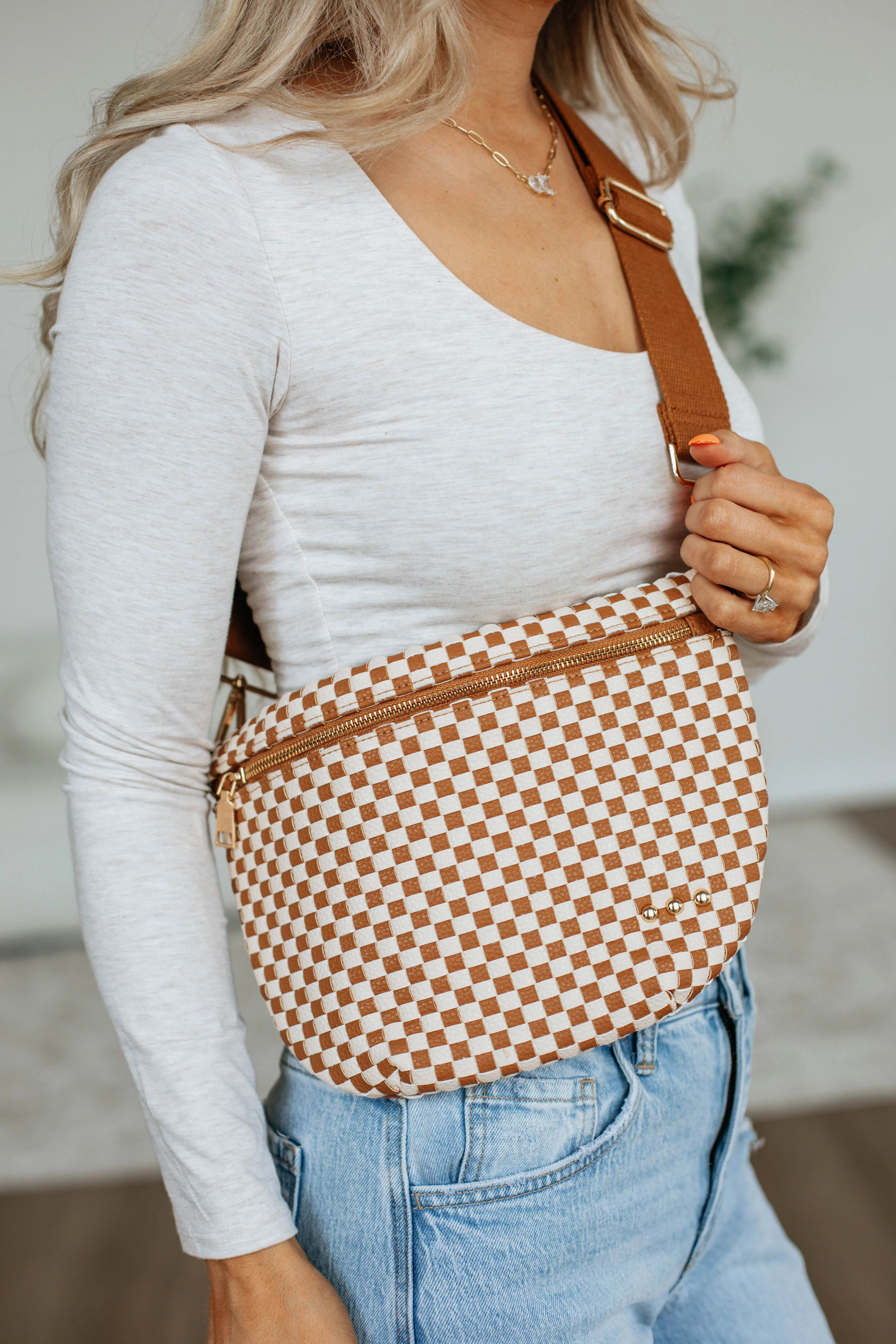 Patsy Checkered Bum Bag - Cognac | Wild Oak Boutique