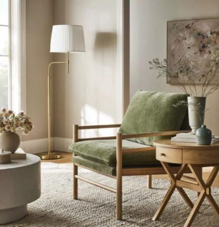 Love all the gorgeous living room furniture and home decor in the new Studio McGee Target Spring 2024 collection!  green velvet arm chair, floor lamp, end table, rug, coffee table, vase, modern artwork

#LTKfindsunder100 #LTKhome #LTKfindsunder50