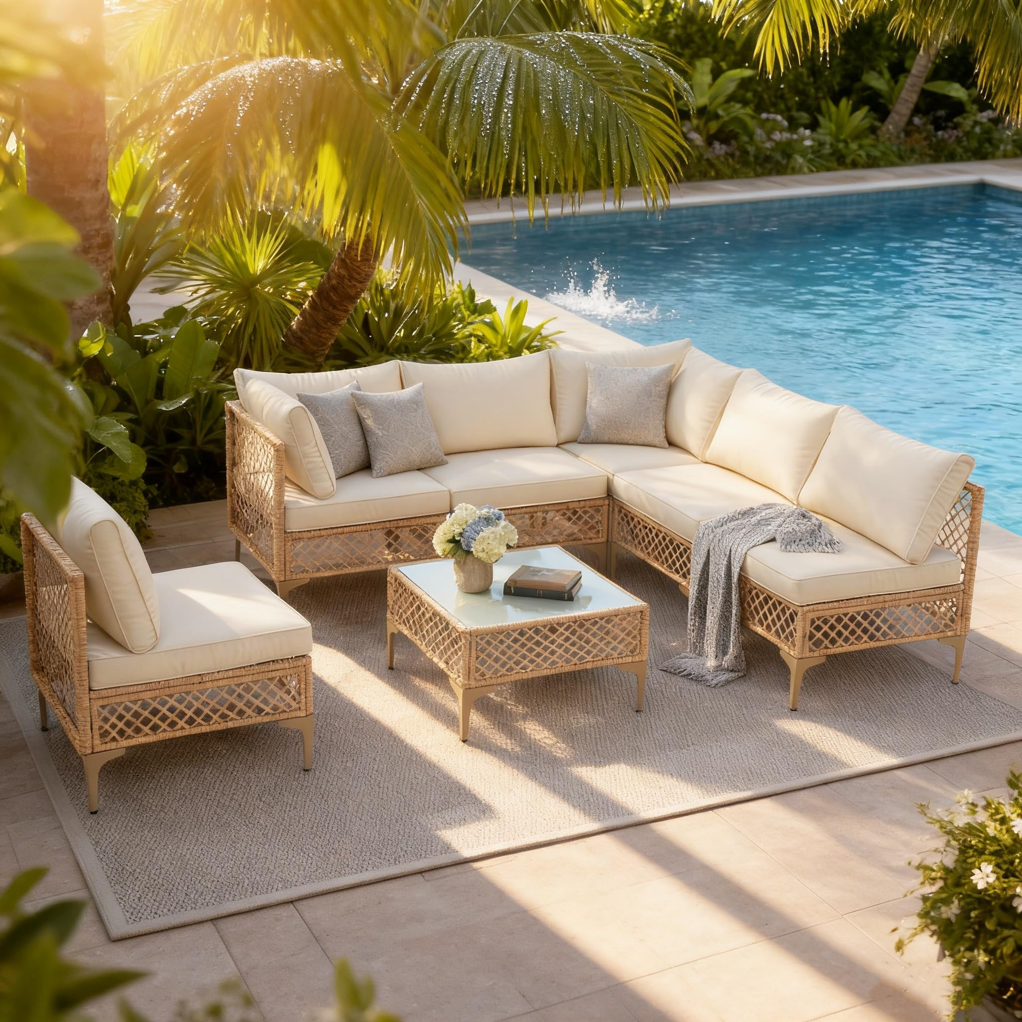 PORWEY 7 Piece Patio Furniture Set, Outdoor Wicker Sectional Sofa Conversation Set with Water Res... | Amazon (US)