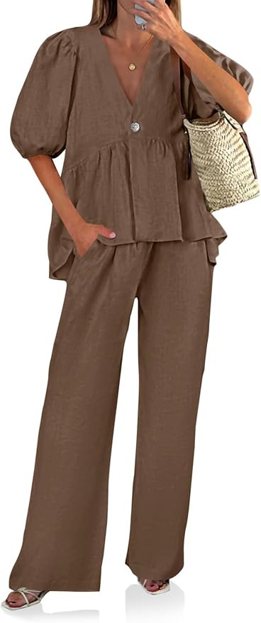 Tankaneo Womens 2 Piece Linen Sets Summer Vacation Outfits V Neck Puff Sleeve Babydoll Tops Wide ... | Amazon (US)