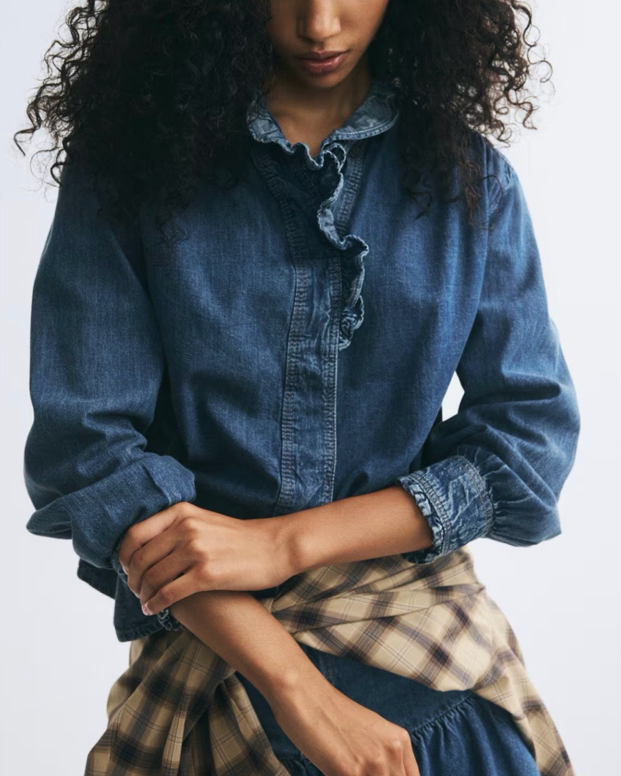 Ruffle detail denim button up shirt

#LTKSeasonal