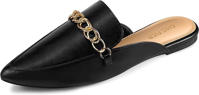 PARTY Women's Flat Mules Chain Closed Pointed Toe Mule Backless Slides Mules Slip On Loafer Shoes | Amazon (US)