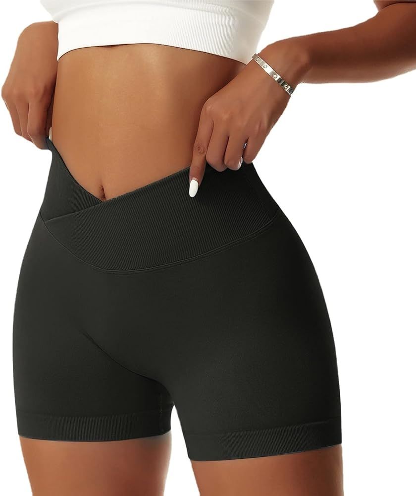 Vertvie Women's Gym Shorts V Cross Elastic Push Up Yoga Shorts Booty Scrunch High Waisted Athleti... | Amazon (US)