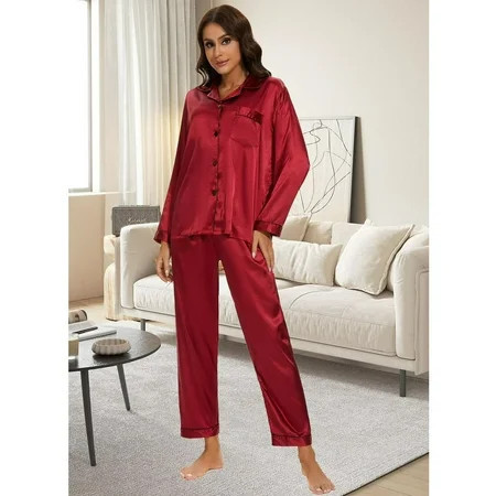 Womens Silk Pajama Sets Long Sleeve Satin Pajamas Set for Women Classic Button Down Silk Pajamas Women Satin Sleepwear Set Womens Soft Loungewear Set with Long Pants S-XL (Red) | Walmart (US)