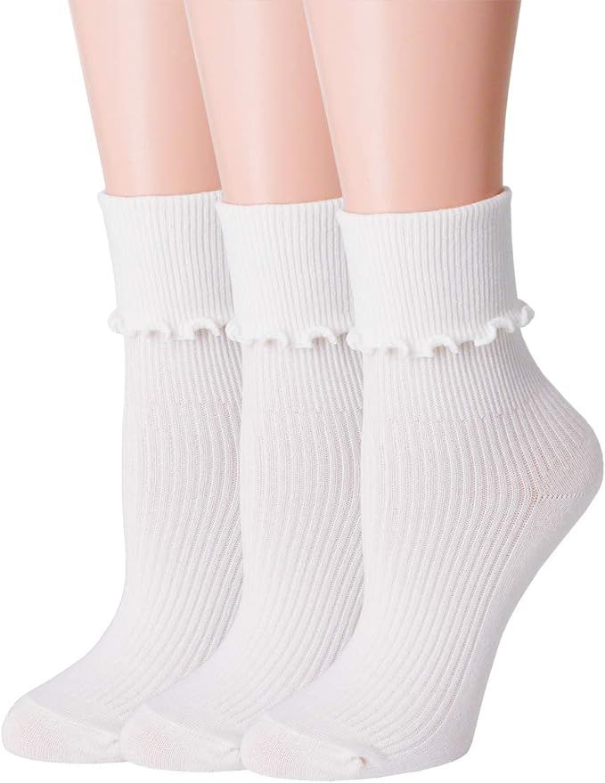 SRYL Women Ankle Socks Ruffle Turn-Cuff,Lovely double needle solid color edge relent Girl socks | Amazon (US)