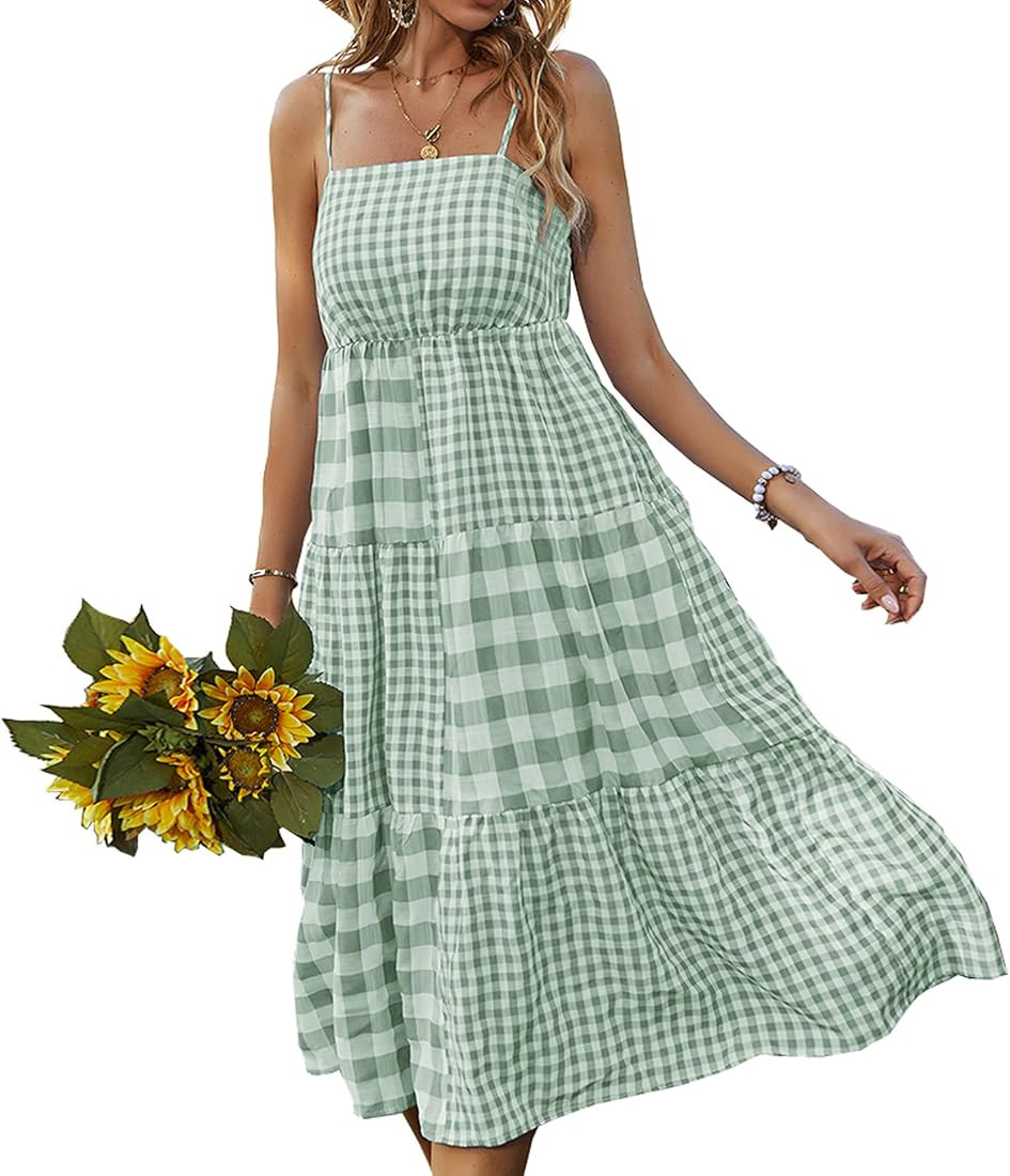 kinstell Women's 2023 Summer Casual Boho Plaid Dress Sleeveless Square Neck Spaghetti Strap Smock... | Amazon (US)