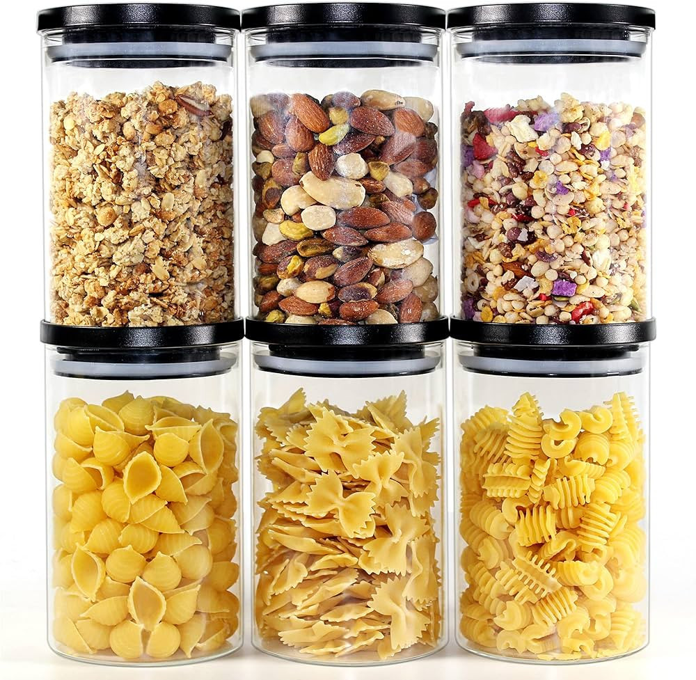 Glass Jars with Black Lids, Glass Food Storage Containers with Airtight lids, Glass Food Jars, Gl... | Amazon (US)