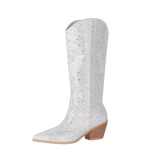 vimitty Women's Rhinestones Cowboy Boots Sparkly Cowgirl Boots Pointed Toe Block Heel Western Knee High Boots Glitter Cowboy Boots With Side Zipper | Amazon (US)
