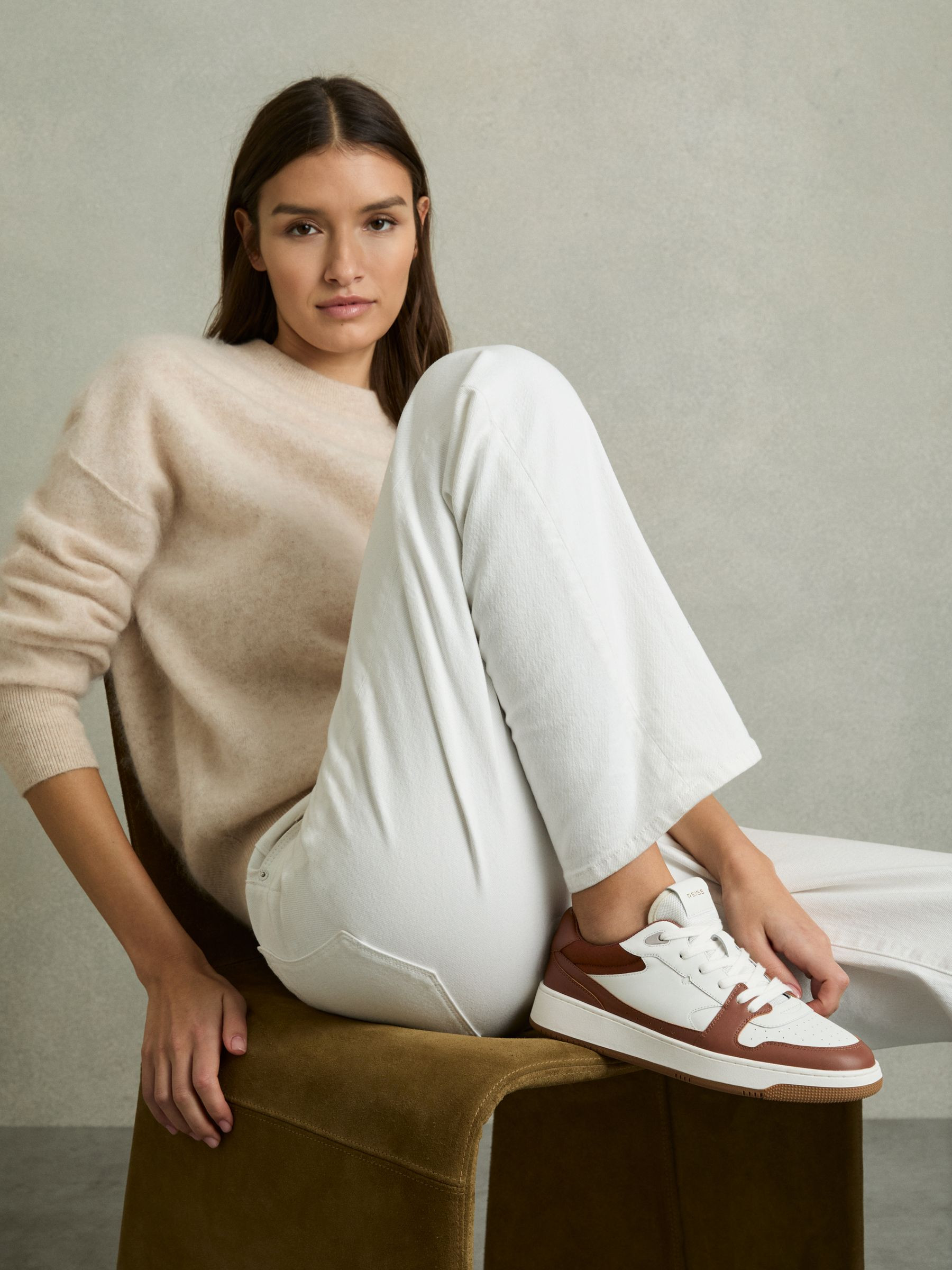 Leather Panelled Trainers in White/Tan | Reiss UK