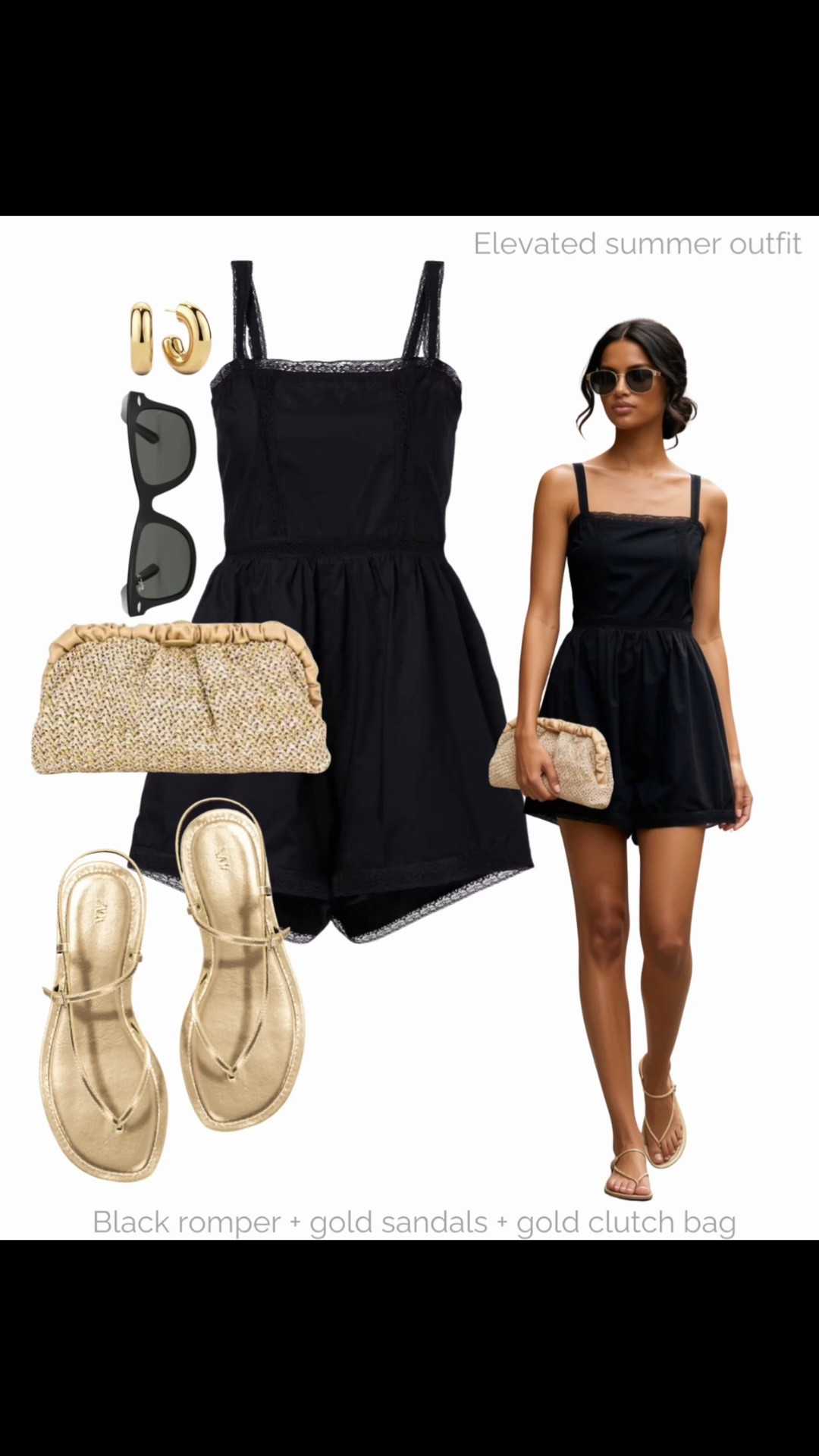 Black & gold ✨✨

Tags: neutral summer outfit, black linen romper, ray-ban black sunglasses, Zara gold sandals, raffia clutch bag, gold hoop earrings, date night look, vacation outfit

#LTKsummer #LTKtravel #LTKshoes