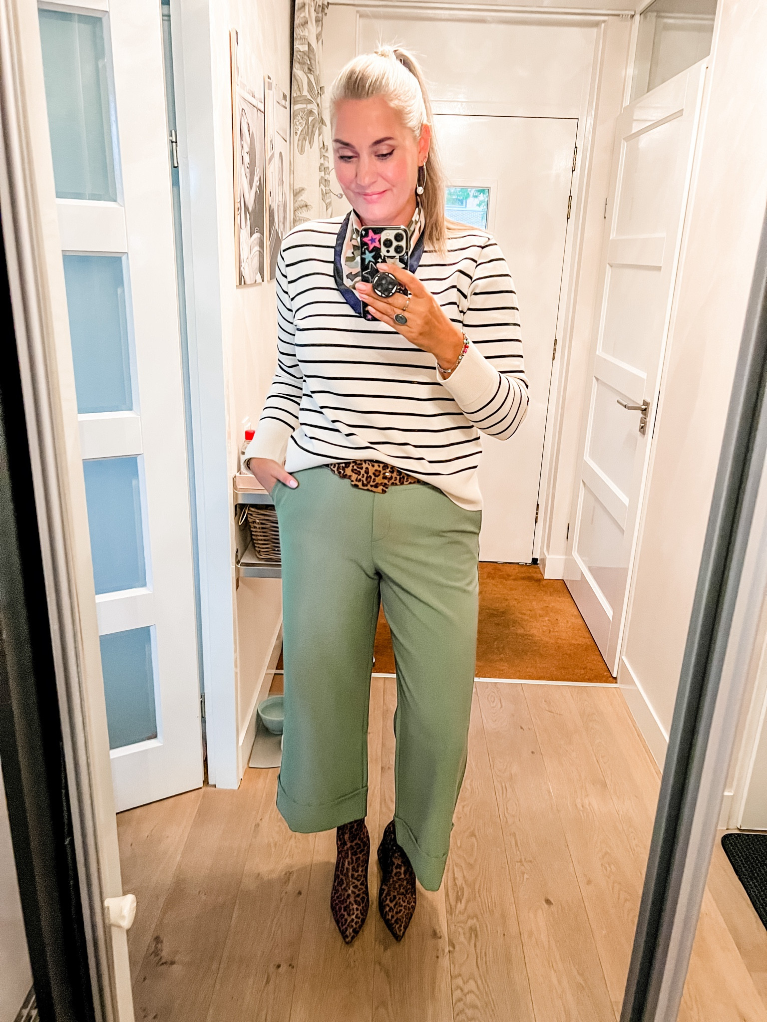 Ootd - Wednesday. Striped sweater (old, Zara), camouflage bandana (old, H&M), kaki culottes (current Norah), leopard belt and leopard booties, large hoop earrings with pearls and a hair tie with pearls. 

#LTKworkwear #LTKnederlands #LTKeurope
