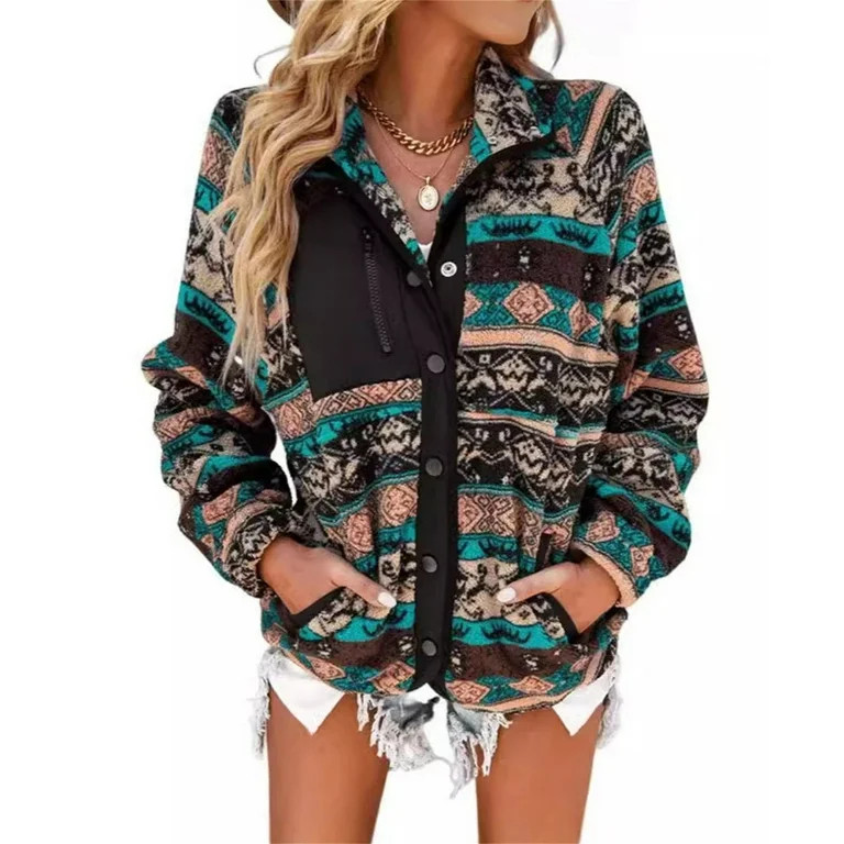 QQAMB Womens Fleece Jacket Western Aztec Print Long Sleeve Snap Button Down Shacket Winter Jacket... | Walmart (US)