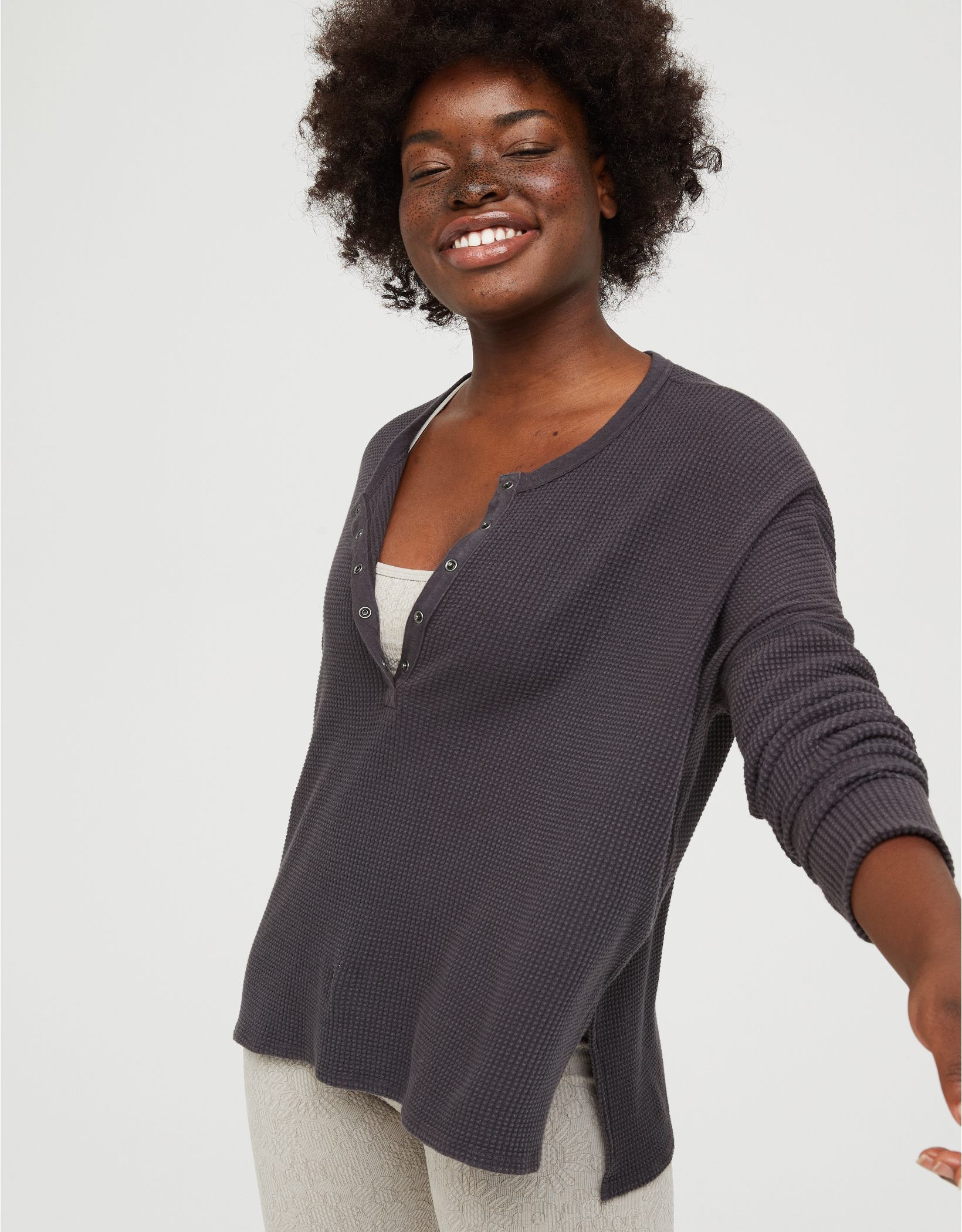 OFFLINE By Aerie Way Back Waffle Henley Long Sleeve T-Shirt | American Eagle Outfitters (US & CA)