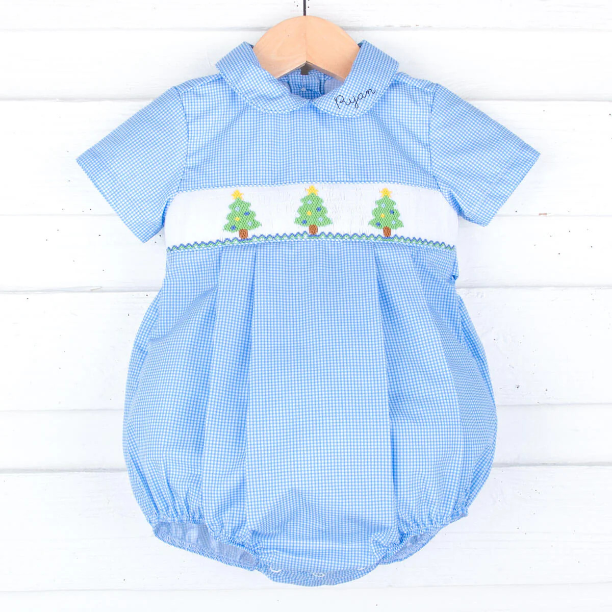 Christmas Tree Smocked Blue Gingham Collared Bubble | Classic Whimsy
