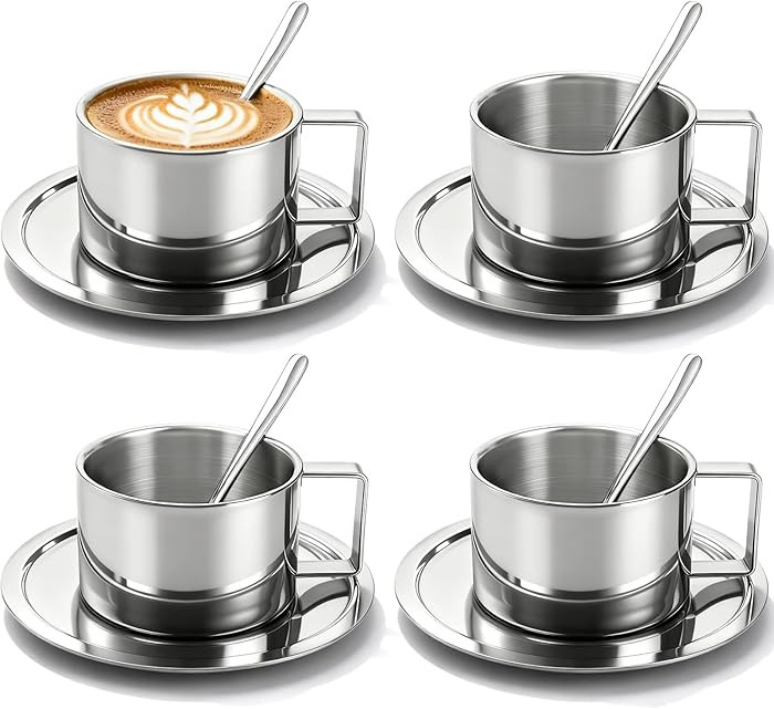 ZENFUN 4 Pack 6.8 oz Coffee Cups Set, 18/8 Stainless Steel Espresso Cup with Saucer and Spoon, Cu... | Amazon (US)