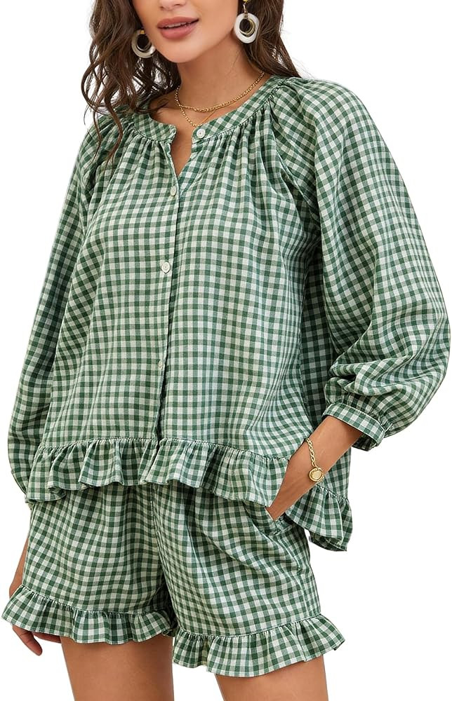 Flygo Women Gingham 2 Piece Pajama Sets Y2K Plaid Ruffle Short Sets Raglan Sleeve Shirt Lounge Sh... | Amazon (US)