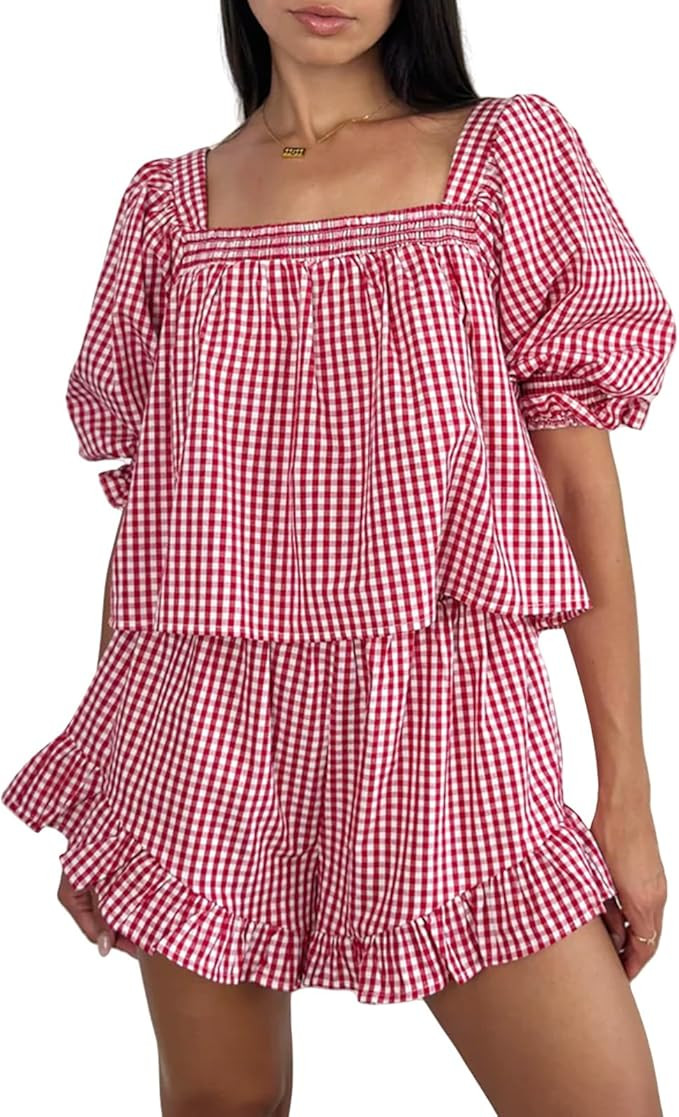 Winioder Women Y2K Gingham 2 Piece Lounge Sets Puff Sleeve Peplum Shirts and Smocked Ruffle Plaid... | Amazon (US)