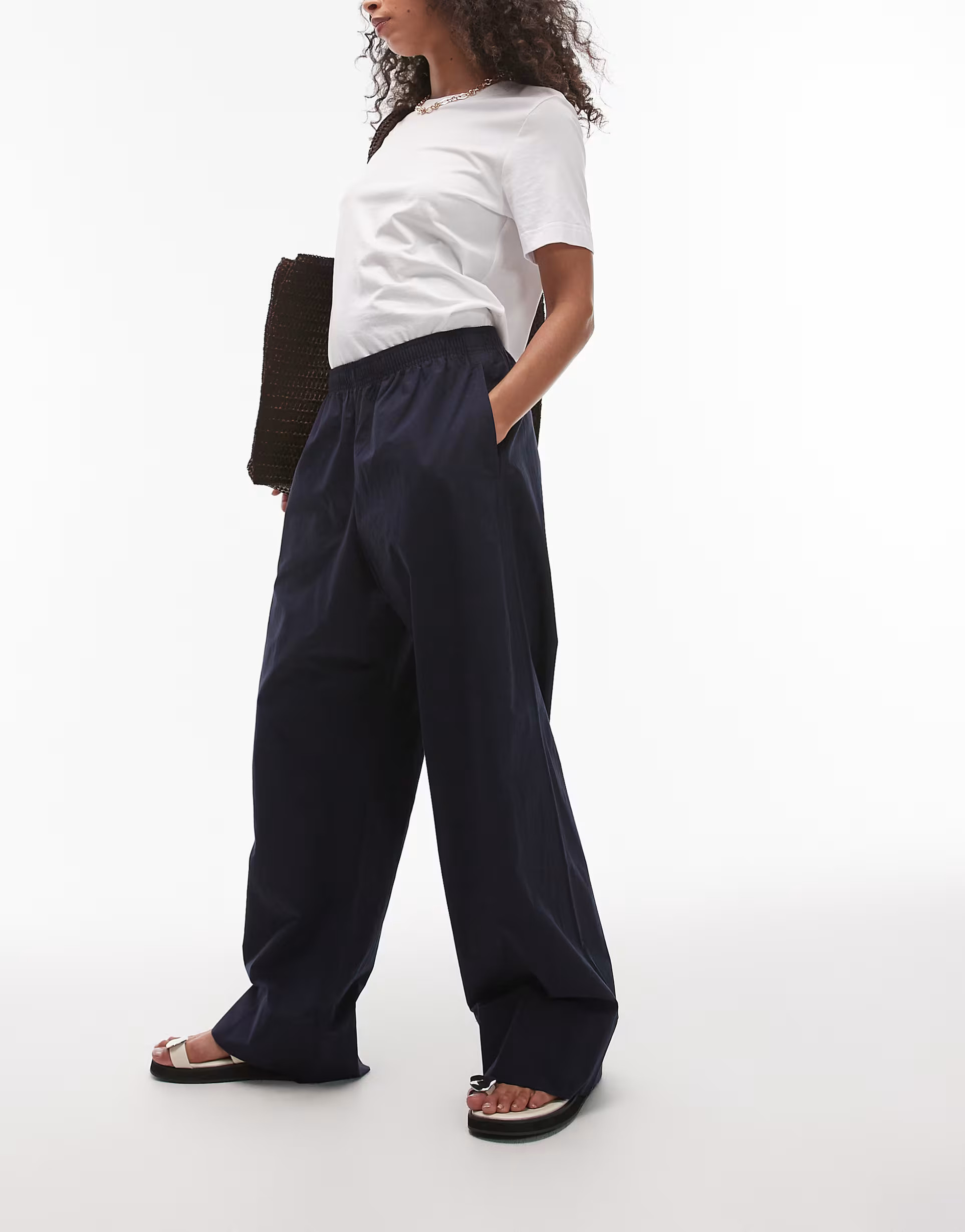 ARKET poplin straight leg trousers with pull-on waist in navy | ASOS (Global)