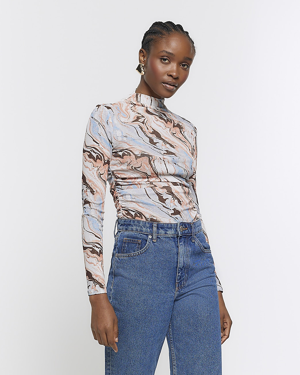 Beige mesh marble long sleeve top | River Island (UK & IE)