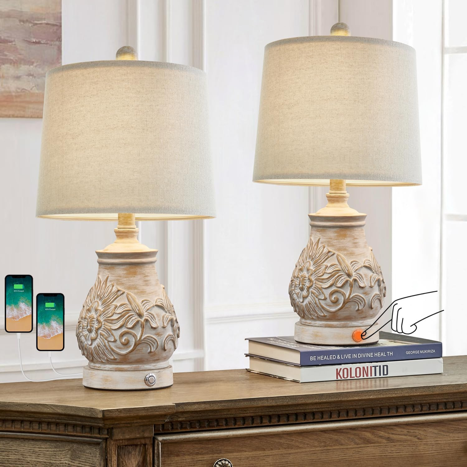 PoKat 21" 3 Way Dimmable Touch Table Lamps for Living Room Traditional Rustic Bedside Lamps for B... | Amazon (US)