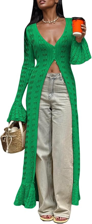 Unybwonn Long Cardigans for Women Crochet Hollow Out Knit Sweater Cover up Maxi Dress Long Sleeve... | Amazon (US)