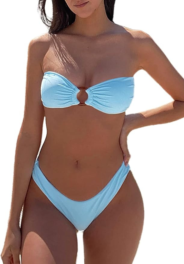 ZAFUL Women's Strapless Ribbed High Cut Bandeau Bikini Set, High Leg Two Pieces Bandeau Swimsuits | Amazon (US)