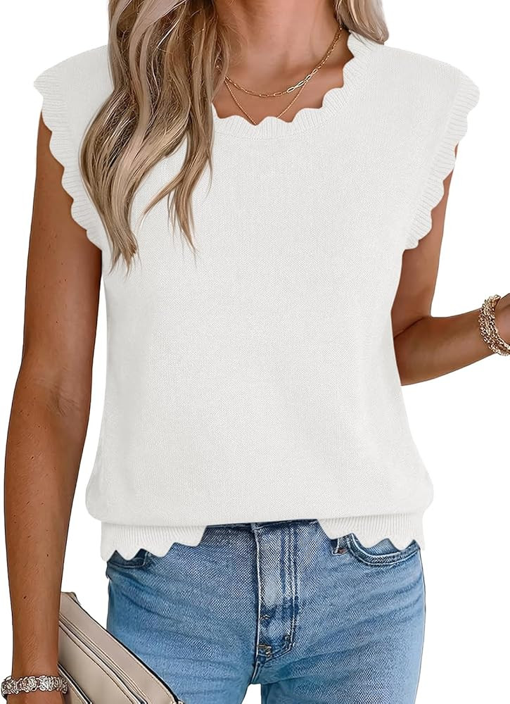 Womens Sweater Vest Tank Tops Scallop Trim Sleeveless Casual Knit Tops | Amazon (US)