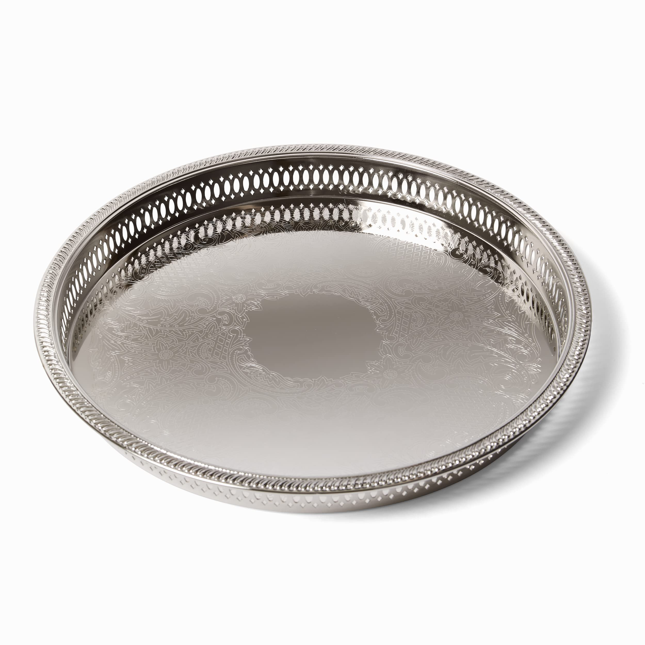 Elegance Round Metal Serving/Bar Tray,12.75 Inch Nickel Plated with Decorative Embossing Serves C... | Amazon (US)