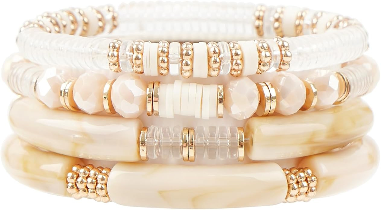 LALAPPLE Gold Plated Beaded Acrylic Bamboo Tube Bangle Bracelets for Women, Colorful Chunky Curve... | Amazon (US)