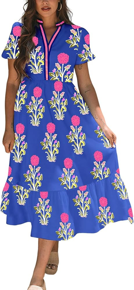 Wolddress Womens Summer Dresses Sky Blue Floral Puff Short Sleeve V Neck High Waist Maxi Dress | Amazon (US)