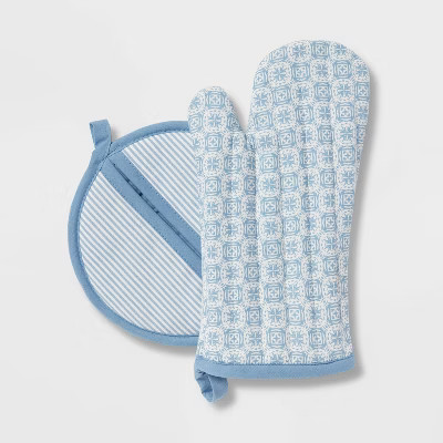 2pc Cotton Stamp Oven Mitt and Pot Holder Set Blue - Threshold™ | Target