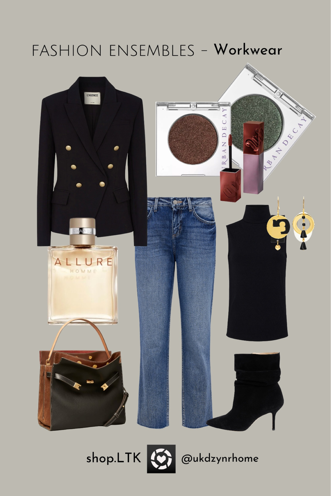 Fashion Ensembles 

Workwear
Jeans
Blazer
Ankle boots
Eyeshadow 
Lipstick
Purse
Perfume

#LTKshoecrush #LTKstyletip #LTKbeauty