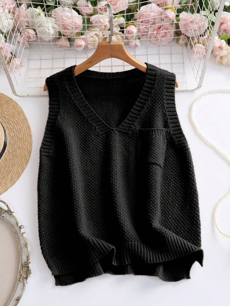 SHEIN LUNE Women Solid Color V-Neck Loose Pockets Sweater Vest, Autumn/Winter | SHEIN