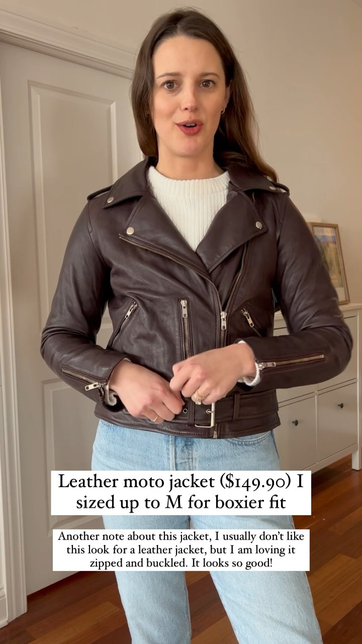 Quince Try On - Leather moto jacket ($149.90) I sized up to M for boxier fit

#LTKSeasonal #LTKstyletip