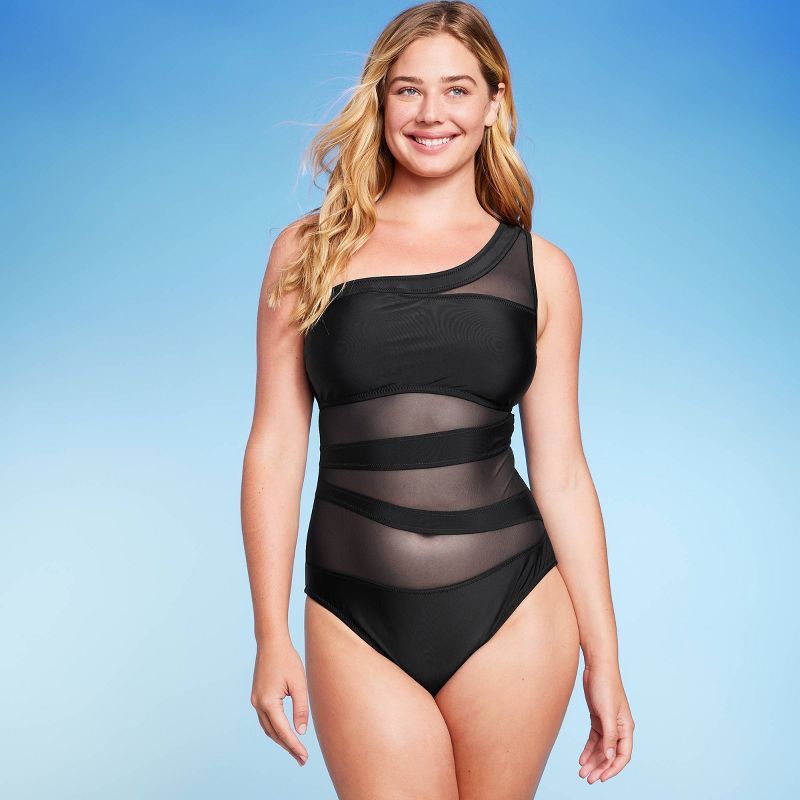 Women's Mesh Front Asymmetrical One Shoulder One Piece Swimsuit - Shade & Shore™ Black | Target