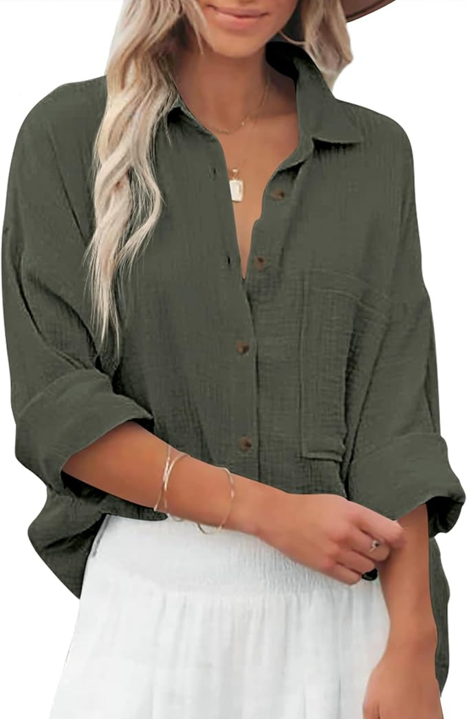 Diosun Womens Casual Button Down Shirts V Neck Long Sleeve Cotton Loose Fit Plain Work Blouse Top... | Amazon (US)