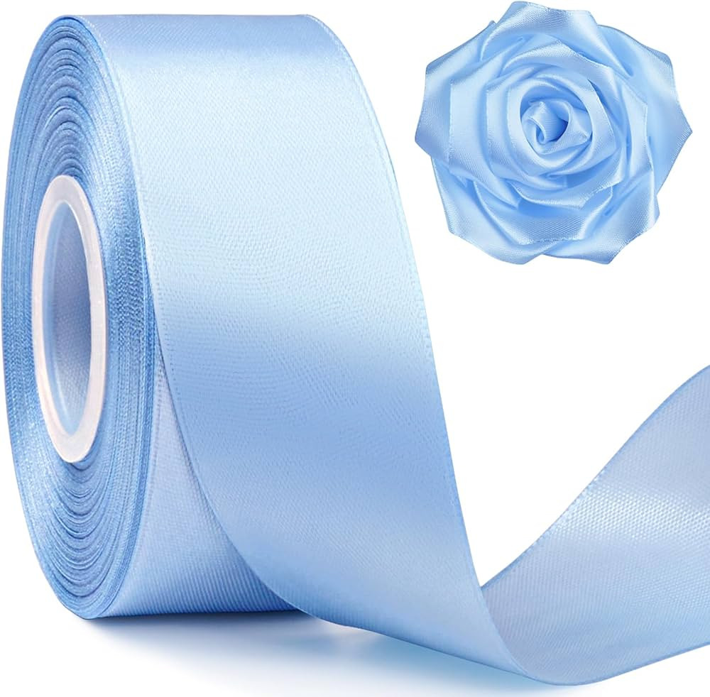 1-1/2 Inch Wide Sky Blue Satin Ribbon, 50 Yards Solid Polyester Fabric Ribbon for Roses Making, G... | Amazon (US)