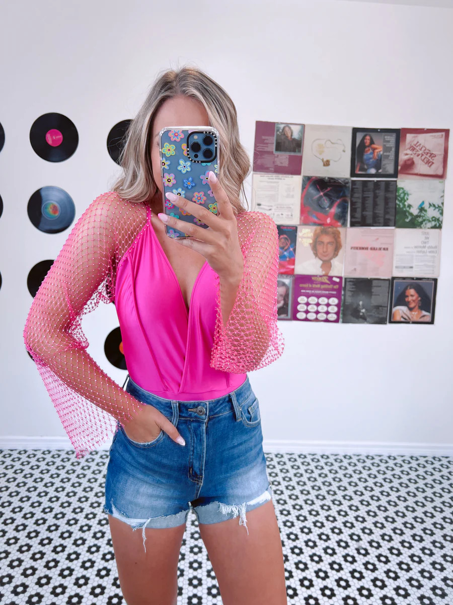 Riki Mesh Rhinestone Sleeve Bodysuit - Pink | Whiskey Darling Boutique