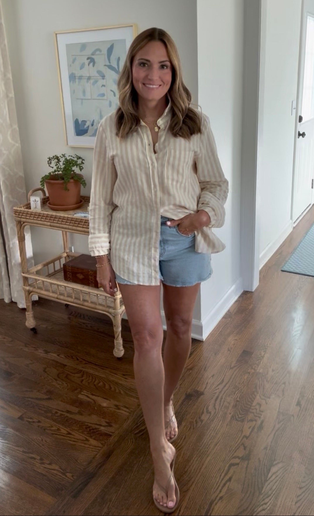 Women’s striped linen button up. Cut off denim shorts. Tkees flip flops. Neutral sandals. Gucci crossbody handbag. Jelly sandals. Jelly slides.