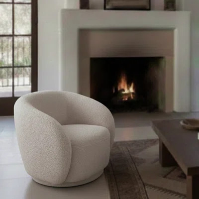32.8" 360° Swivel Beige Boucle Accent Chair – Solid Eucalyptus Wood Frame Barrel Chair | Wayfair North America