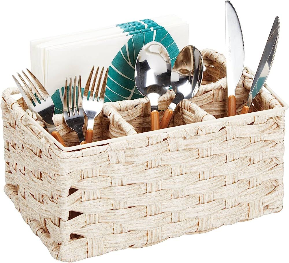 mDesign Plastic Woven Divided Cutlery Storage Organizer Caddy Tote - Basket Holder for Kitchen Ta... | Amazon (US)