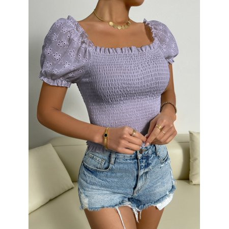 2022 Summer Boho Mauve Purple Women s Eyelet Embroidery Puff Sleeve Shirred Top L2201109D XS(2) | Walmart (US)