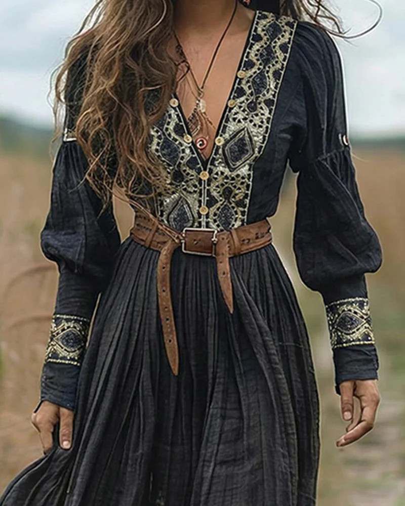 Retro Ethnic Style Lantern Sleeves Dress | Zeagoo