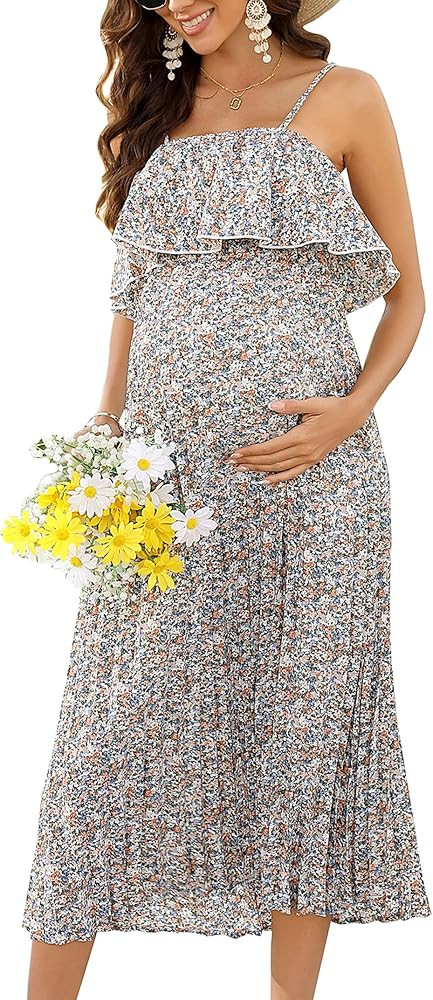 Maternity Dress Womens Spaghetti Strap Floral Maxi Dress Ruffled High Waisted Backless Pleated Dr... | Amazon (US)